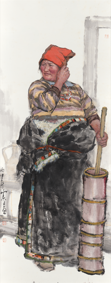 《打奶茶的藏族妇女》240cmx95cm  2016年 纸本设色.png